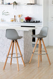 2x PU Leather Barstools - Padded Light Grey/Wood w/ Metal Footrest