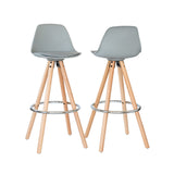 2x PU Leather Barstools - Padded Light Grey/Wood w/ Metal Footrest