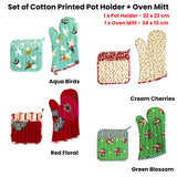 Set of 100% Cotton Printed Oven Mitt + Pot Holder Aqua Birds