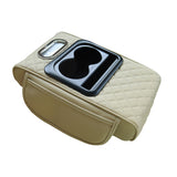 GT-6 Beige Embroidered Car Armrest Organizer - Universal Storage Cushion w/ Cup Holder