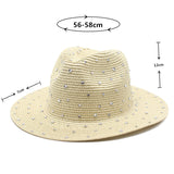 Pink Women's Wide-Brim Straw Hat with Rhinestones - Elegant and Breathable Sun Hat for Summer Outdoors,M(56-58cm)