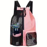 Pink Drawstring Backpack - Lightweight Mesh Gym & Beach Bag with Pockets
