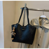 Black PU Leather Tote Bag w/Bear Keychain – Large Women's Handbag (38x26x13cm)