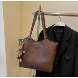 Brown PU Leather Tote Bag w/Cute Bear Keychain – Women's Large Handbag (38x26x13cm)