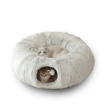 Grey Luxury Plush Cat Bed with Hidden Tunnel - Soft Round Pet Bed for Cats and Small Dogs