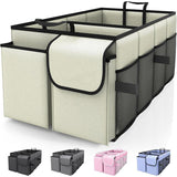 Beige 46L Car Organizer Storage Box with Multiple Compartments and Pockets