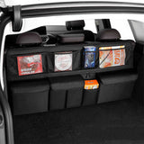 Grey Car Trunk Organizer – Large Hanging Storage Bag with Mesh Pockets & Backseat Access