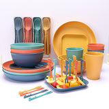 Four-person Set Multicolor Eco-Friendly Wheat Straw Dinnerware Set,  Plate, Bowl, Cup & Utensil Set - Lightweight, Reusable, and Durable for Home, School, and Travel