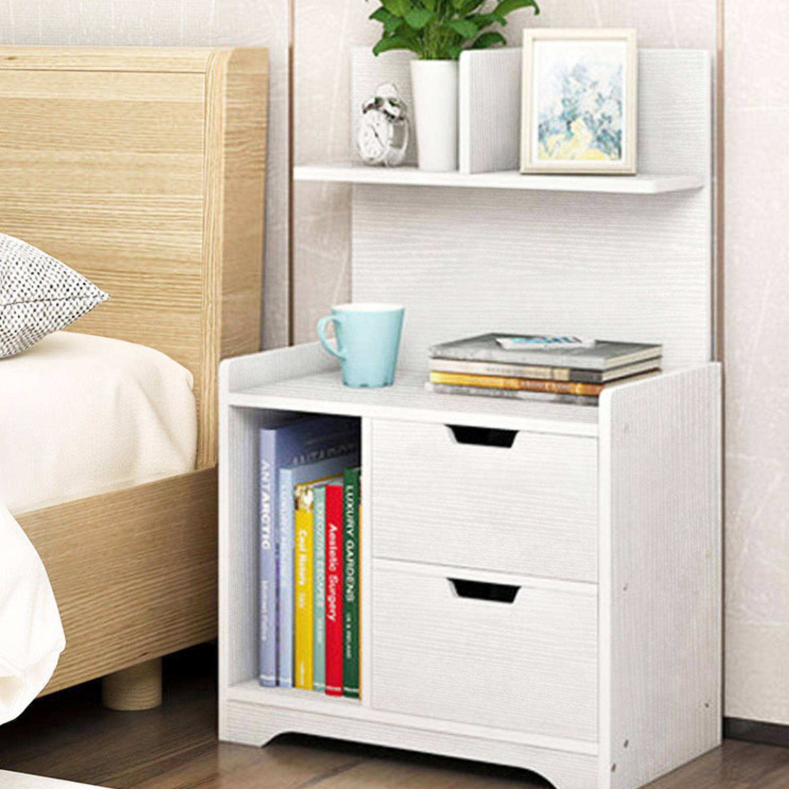 Wooden Bedside Table with Chest of Drawers Shelf Tallboy Cabinet Bedroom Storage.