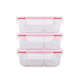 Ortega Kitchen 600mL Rectangular Glass Food Container w/ Divider 3-Pack - Clear/Red