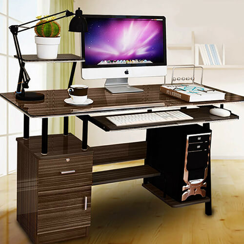 High Gloss Deluxe Computer Desk with Drawers and Shelves Workstation W