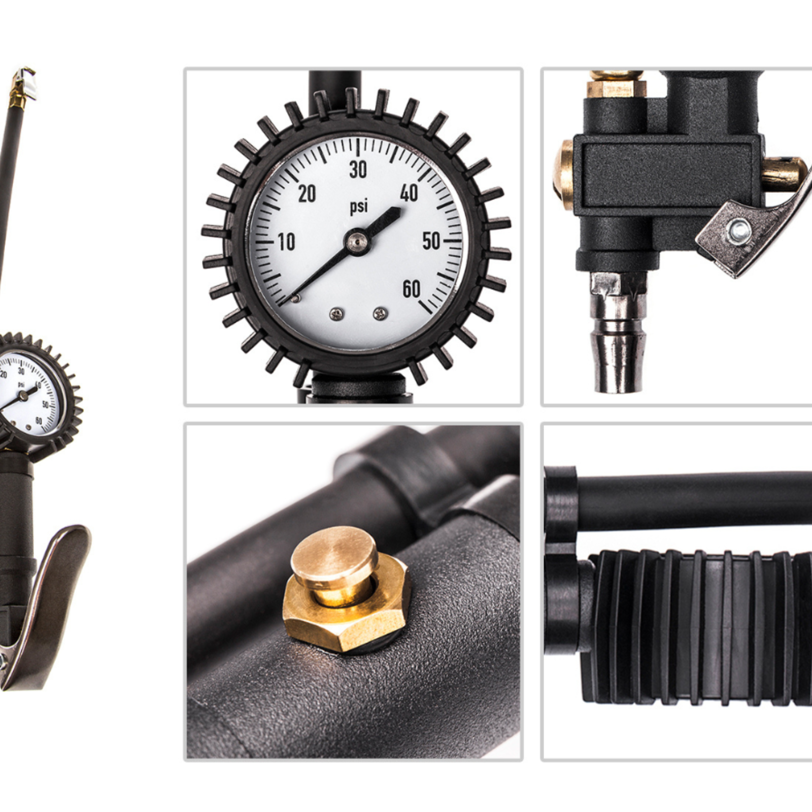 Compressor tyre inflator outlet gauge