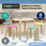 Home Master 5PCE Kids Wooden Table &amp; Coloured Stools Set Stackable Sturdy